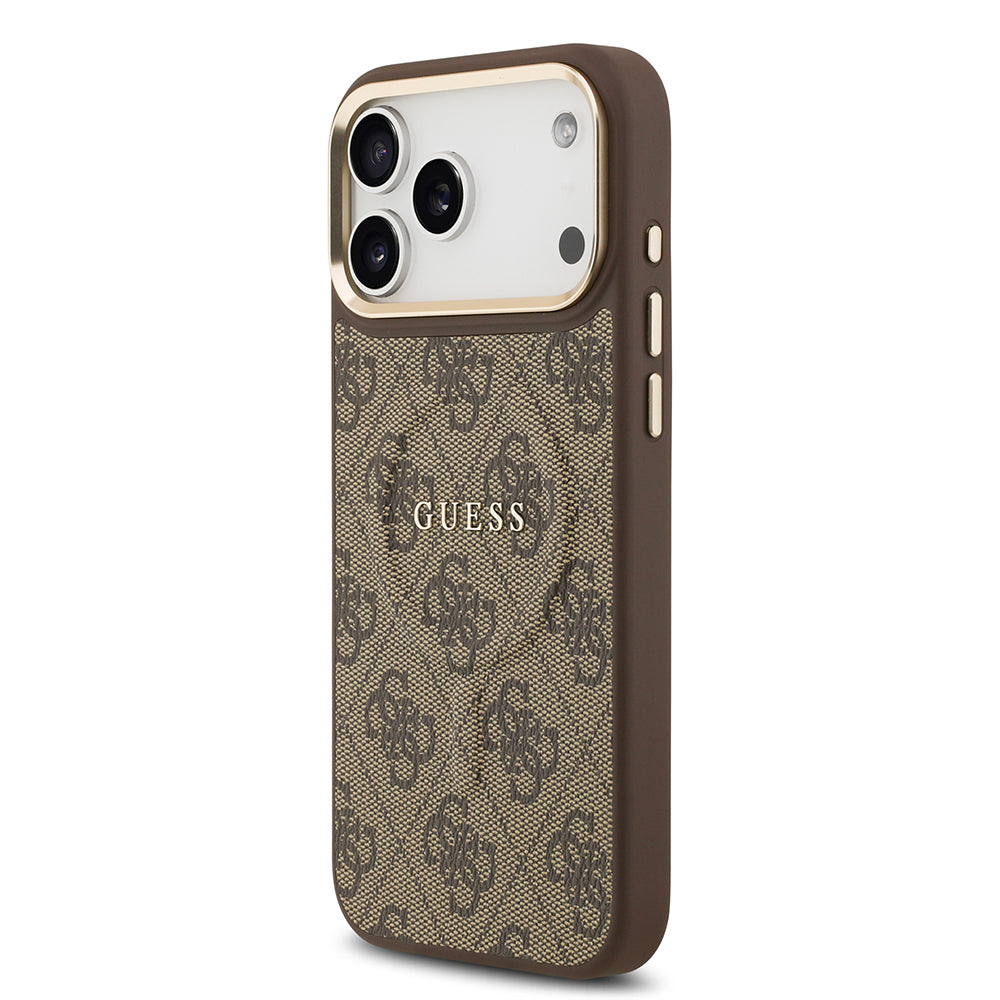iPhone 17 Pro Max Kılıf Guess Orjinal Lisanslı M-safe Şarj Özellikli Gold Metal Kamera Çerçeveli PU Deri 4G Desenli Yazı Logolu Kapak