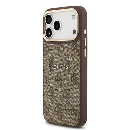 iPhone 17 Pro Max Kılıf Guess Orjinal Lisanslı M-safe Şarj Özellikli Gold Metal Kamera Çerçeveli PU Deri 4G Desenli Yazı Logolu Kapak