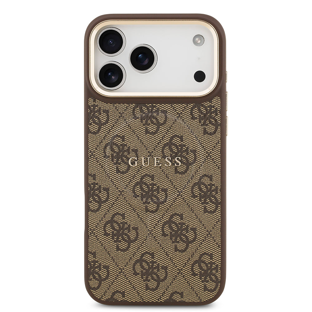 iPhone 17 Pro Max Kılıf Guess Orjinal Lisanslı M-safe Şarj Özellikli Gold Metal Kamera Çerçeveli PU Deri 4G Desenli Yazı Logolu Kapak