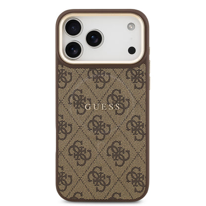 iPhone 17 Pro Max Kılıf Guess Orjinal Lisanslı M-safe Şarj Özellikli Gold Metal Kamera Çerçeveli PU Deri 4G Desenli Yazı Logolu Kapak
