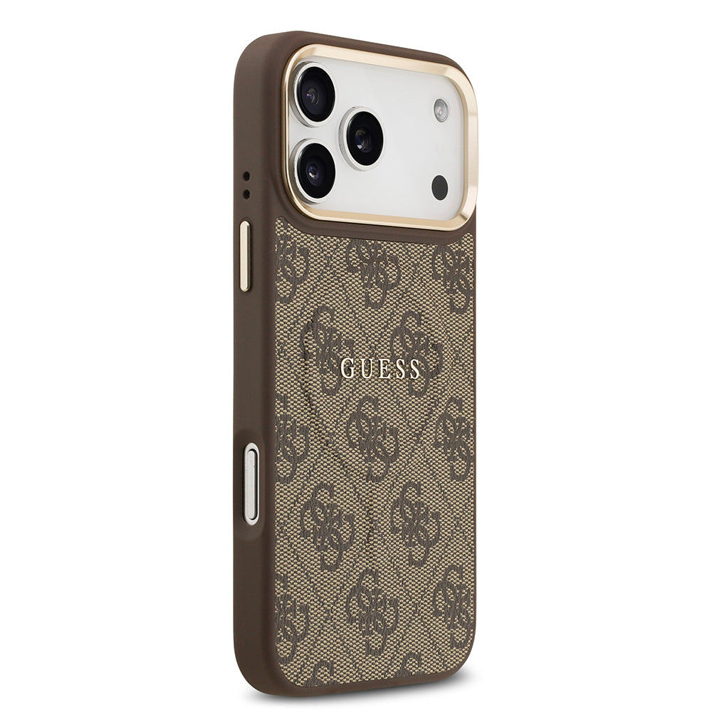 iPhone 17 Pro Max Kılıf Guess Orjinal Lisanslı M-safe Şarj Özellikli Gold Metal Kamera Çerçeveli PU Deri 4G Desenli Yazı Logolu Kapak