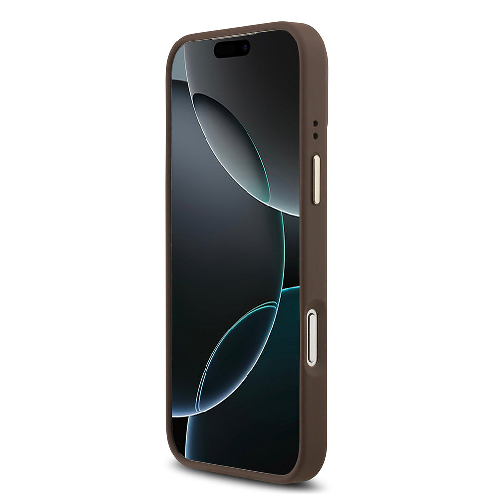 iPhone 17 Pro Max Kılıf Guess Orjinal Lisanslı M-safe Şarj Özellikli Gold Metal Kamera Çerçeveli PU Deri 4G Desenli Yazı Logolu Kapak