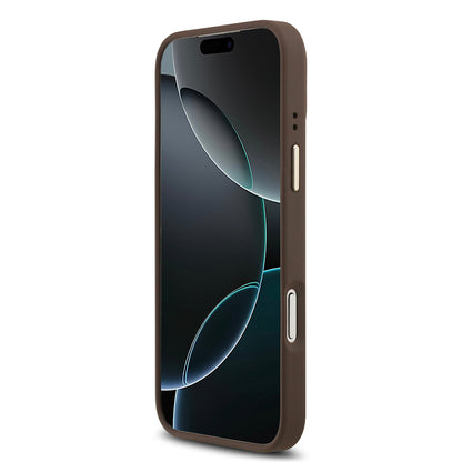 iPhone 17 Pro Max Kılıf Guess Orjinal Lisanslı M-safe Şarj Özellikli Gold Metal Kamera Çerçeveli PU Deri 4G Desenli Yazı Logolu Kapak