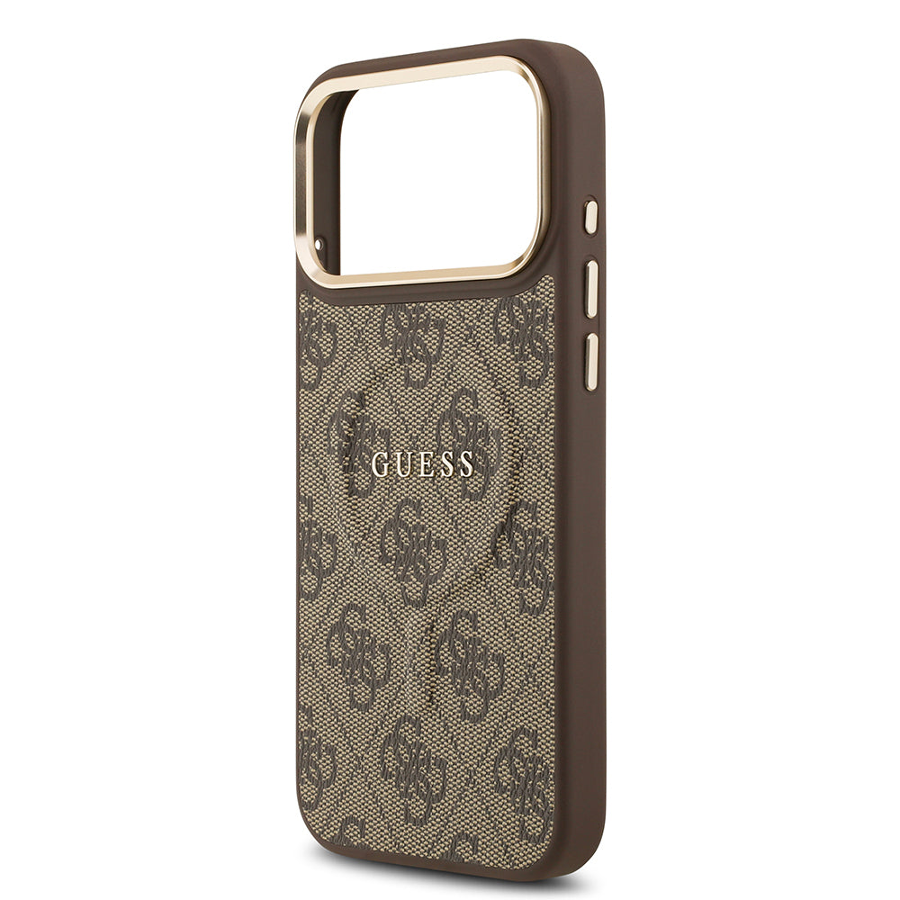 iPhone 17 Pro Max Kılıf Guess Orjinal Lisanslı M-safe Şarj Özellikli Gold Metal Kamera Çerçeveli PU Deri 4G Desenli Yazı Logolu Kapak