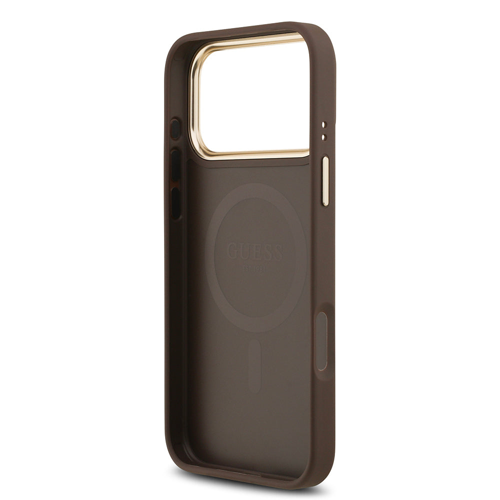 iPhone 17 Pro Max Kılıf Guess Orjinal Lisanslı M-safe Şarj Özellikli Gold Metal Kamera Çerçeveli PU Deri 4G Desenli Yazı Logolu Kapak