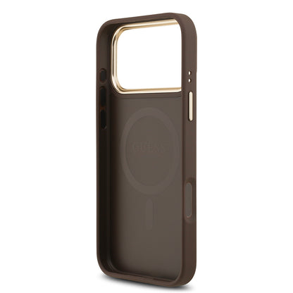 iPhone 17 Pro Max Kılıf Guess Orjinal Lisanslı M-safe Şarj Özellikli Gold Metal Kamera Çerçeveli PU Deri 4G Desenli Yazı Logolu Kapak