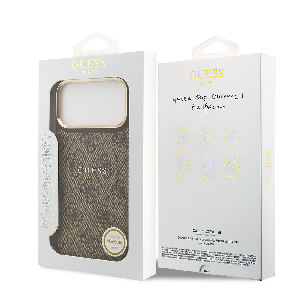iPhone 17 Pro Max Kılıf Guess Orjinal Lisanslı M-safe Şarj Özellikli Gold Metal Kamera Çerçeveli PU Deri 4G Desenli Yazı Logolu Kapak