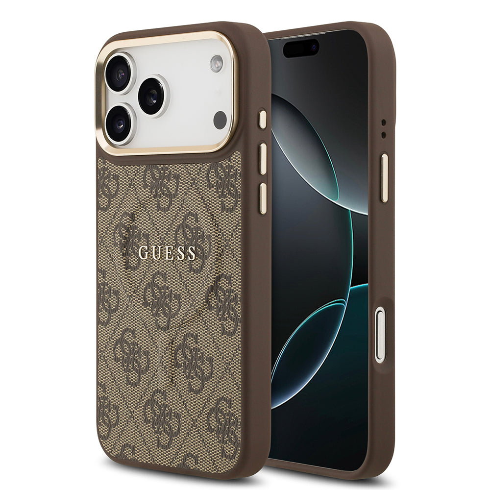 iPhone 17 Pro Max Kılıf Guess Orjinal Lisanslı M-safe Şarj Özellikli Gold Metal Kamera Çerçeveli PU Deri 4G Desenli Yazı Logolu Kapak