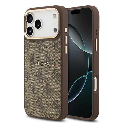 iPhone 17 Pro Max Kılıf Guess Orjinal Lisanslı M-safe Şarj Özellikli Gold Metal Kamera Çerçeveli PU Deri 4G Desenli Yazı Logolu Kapak