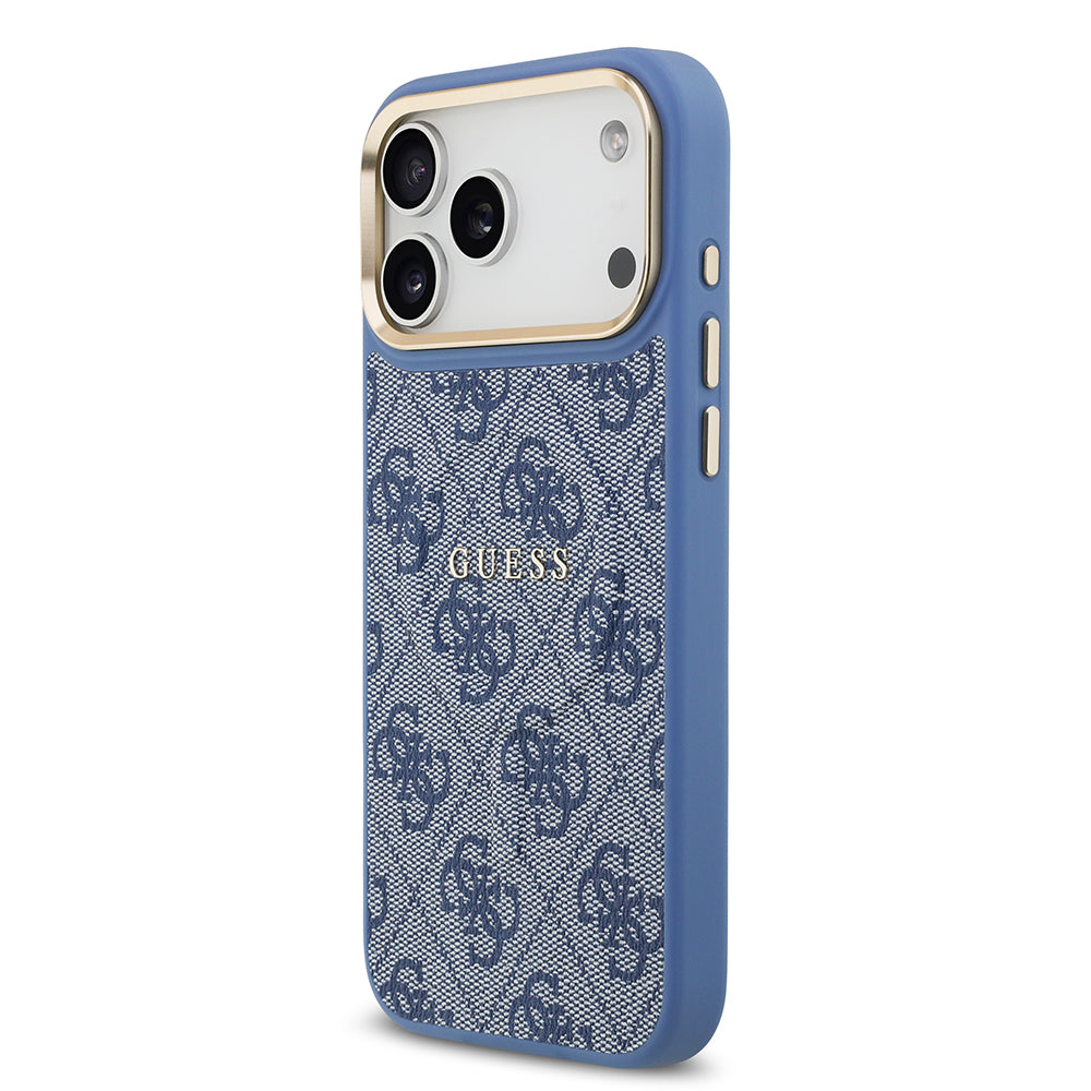 iPhone 17 Pro Max Kılıf Guess Orjinal Lisanslı M-safe Şarj Özellikli Gold Metal Kamera Çerçeveli PU Deri 4G Desenli Yazı Logolu Kapak