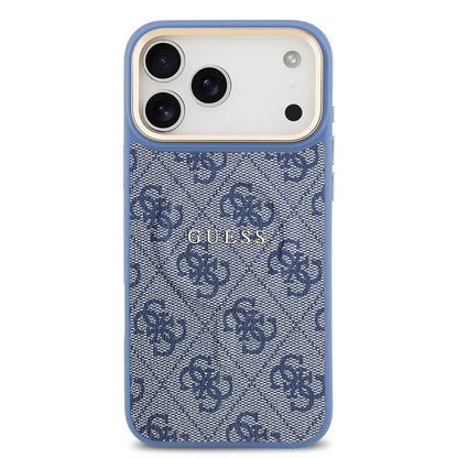 iPhone 17 Pro Max Kılıf Guess Orjinal Lisanslı M-safe Şarj Özellikli Gold Metal Kamera Çerçeveli PU Deri 4G Desenli Yazı Logolu Kapak