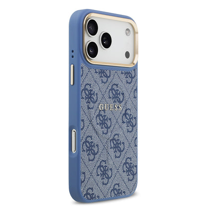 iPhone 17 Pro Max Kılıf Guess Orjinal Lisanslı M-safe Şarj Özellikli Gold Metal Kamera Çerçeveli PU Deri 4G Desenli Yazı Logolu Kapak
