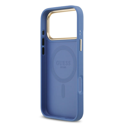 iPhone 17 Pro Max Kılıf Guess Orjinal Lisanslı M-safe Şarj Özellikli Gold Metal Kamera Çerçeveli PU Deri 4G Desenli Yazı Logolu Kapak