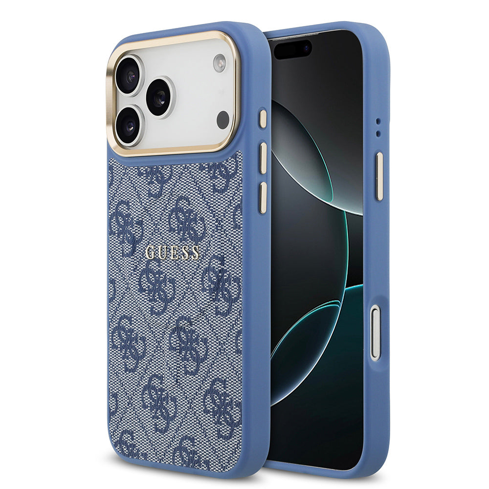 iPhone 17 Pro Max Kılıf Guess Orjinal Lisanslı M-safe Şarj Özellikli Gold Metal Kamera Çerçeveli PU Deri 4G Desenli Yazı Logolu Kapak