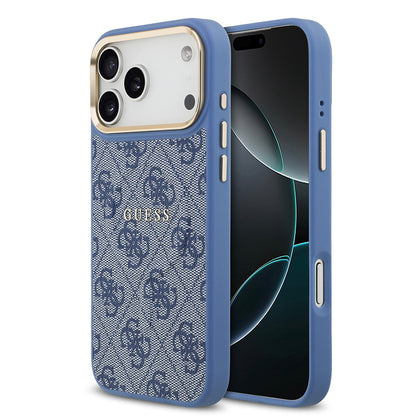 iPhone 17 Pro Max Kılıf Guess Orjinal Lisanslı M-safe Şarj Özellikli Gold Metal Kamera Çerçeveli PU Deri 4G Desenli Yazı Logolu Kapak