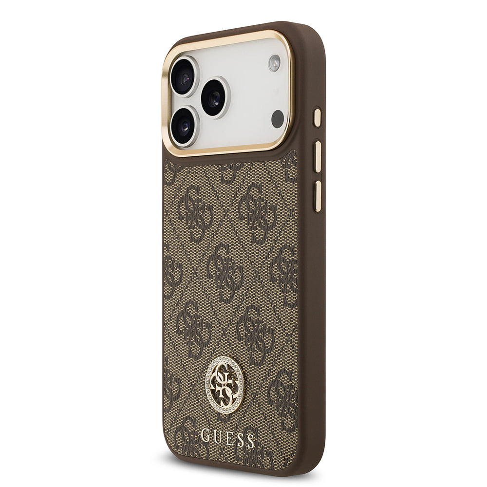 iPhone 17 Pro Max Kılıf Guess Orjinal Lisanslı M-safe Şarj Özellikli Gold Metal Kamera Çerçeveli Taşlı 4G Logolu Kapak