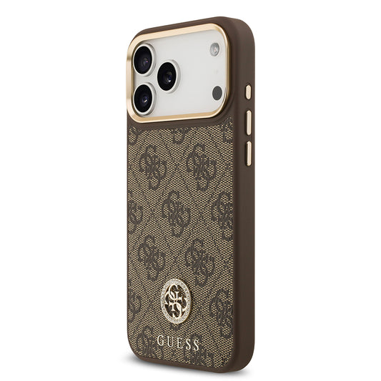 iPhone 17 Pro Max Kılıf Guess Orjinal Lisanslı M-safe Şarj Özellikli Gold Metal Kamera Çerçeveli Taşlı 4G Logolu Kapak