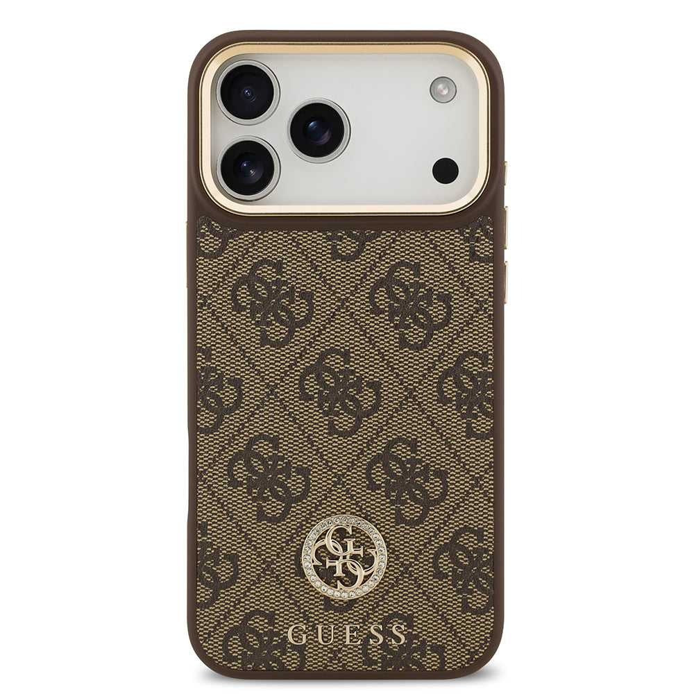 iPhone 17 Pro Max Kılıf Guess Orjinal Lisanslı M-safe Şarj Özellikli Gold Metal Kamera Çerçeveli Taşlı 4G Logolu Kapak