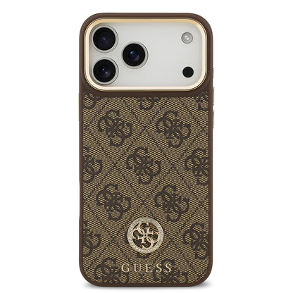 iPhone 17 Pro Max Kılıf Guess Orjinal Lisanslı M-safe Şarj Özellikli Gold Metal Kamera Çerçeveli Taşlı 4G Logolu Kapak