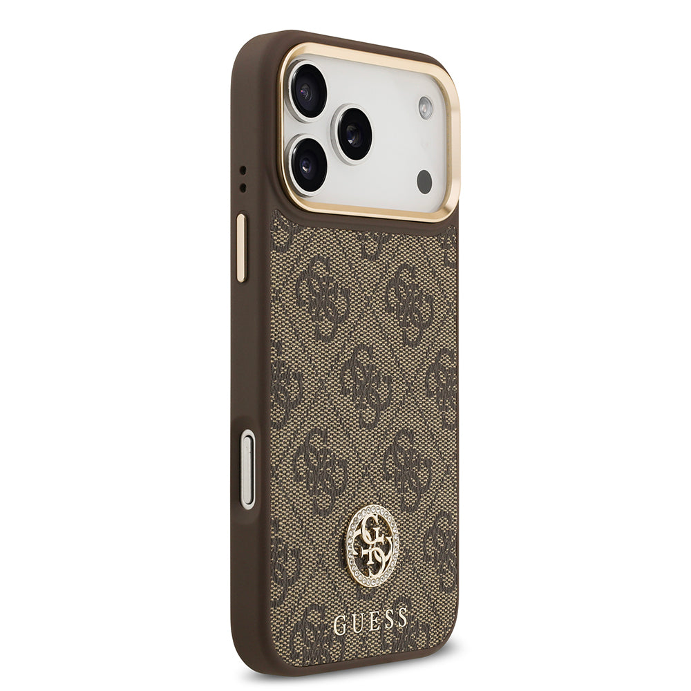 iPhone 17 Pro Max Kılıf Guess Orjinal Lisanslı M-safe Şarj Özellikli Gold Metal Kamera Çerçeveli Taşlı 4G Logolu Kapak