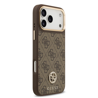 iPhone 17 Pro Max Kılıf Guess Orjinal Lisanslı M-safe Şarj Özellikli Gold Metal Kamera Çerçeveli Taşlı 4G Logolu Kapak