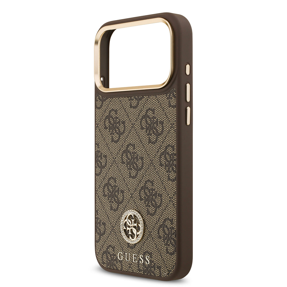 iPhone 17 Pro Max Kılıf Guess Orjinal Lisanslı M-safe Şarj Özellikli Gold Metal Kamera Çerçeveli Taşlı 4G Logolu Kapak