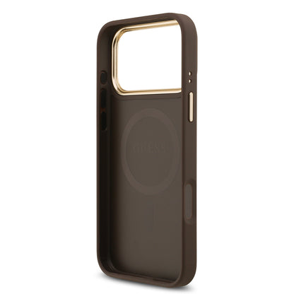 iPhone 17 Pro Max Kılıf Guess Orjinal Lisanslı M-safe Şarj Özellikli Gold Metal Kamera Çerçeveli Taşlı 4G Logolu Kapak