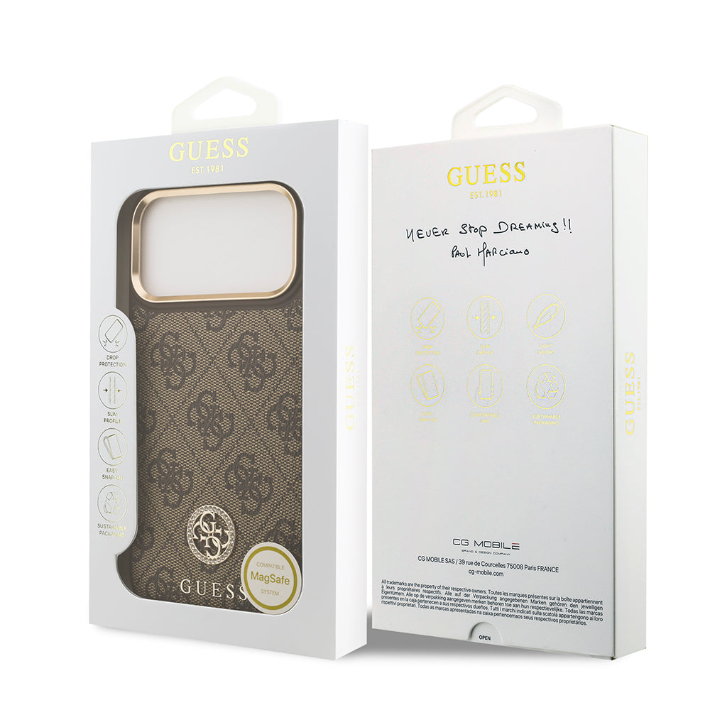 iPhone 17 Pro Max Kılıf Guess Orjinal Lisanslı M-safe Şarj Özellikli Gold Metal Kamera Çerçeveli Taşlı 4G Logolu Kapak