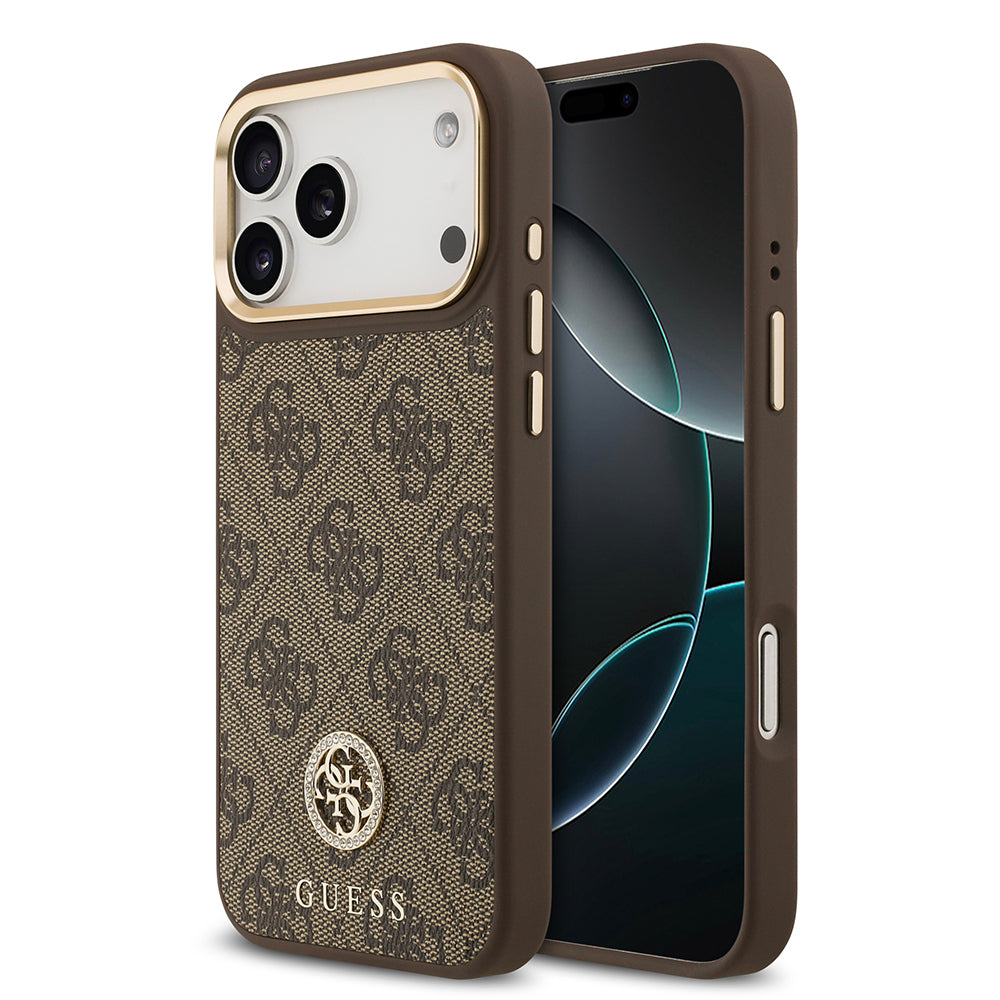 iPhone 17 Pro Max Kılıf Guess Orjinal Lisanslı M-safe Şarj Özellikli Gold Metal Kamera Çerçeveli Taşlı 4G Logolu Kapak