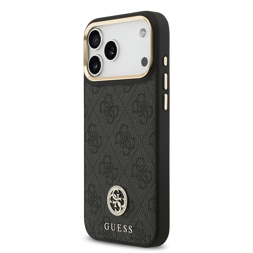 iPhone 17 Pro Max Kılıf Guess Orjinal Lisanslı M-safe Şarj Özellikli Gold Metal Kamera Çerçeveli Taşlı 4G Logolu Kapak