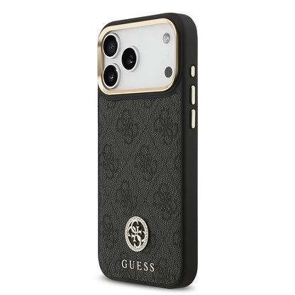 iPhone 17 Pro Max Kılıf Guess Orjinal Lisanslı M-safe Şarj Özellikli Gold Metal Kamera Çerçeveli Taşlı 4G Logolu Kapak