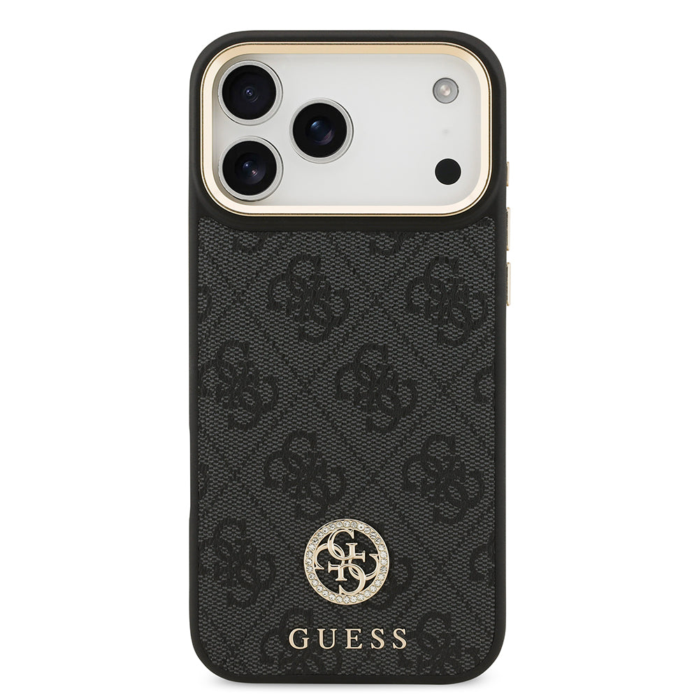 iPhone 17 Pro Max Kılıf Guess Orjinal Lisanslı M-safe Şarj Özellikli Gold Metal Kamera Çerçeveli Taşlı 4G Logolu Kapak