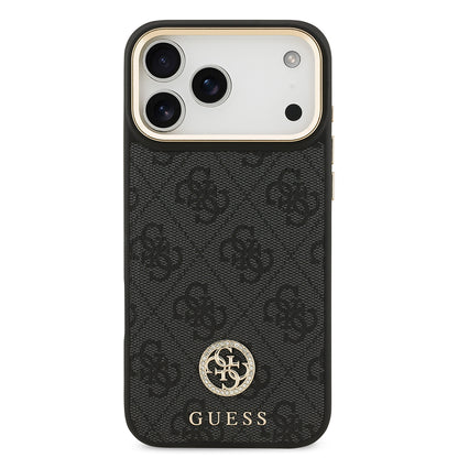 iPhone 17 Pro Max Kılıf Guess Orjinal Lisanslı M-safe Şarj Özellikli Gold Metal Kamera Çerçeveli Taşlı 4G Logolu Kapak