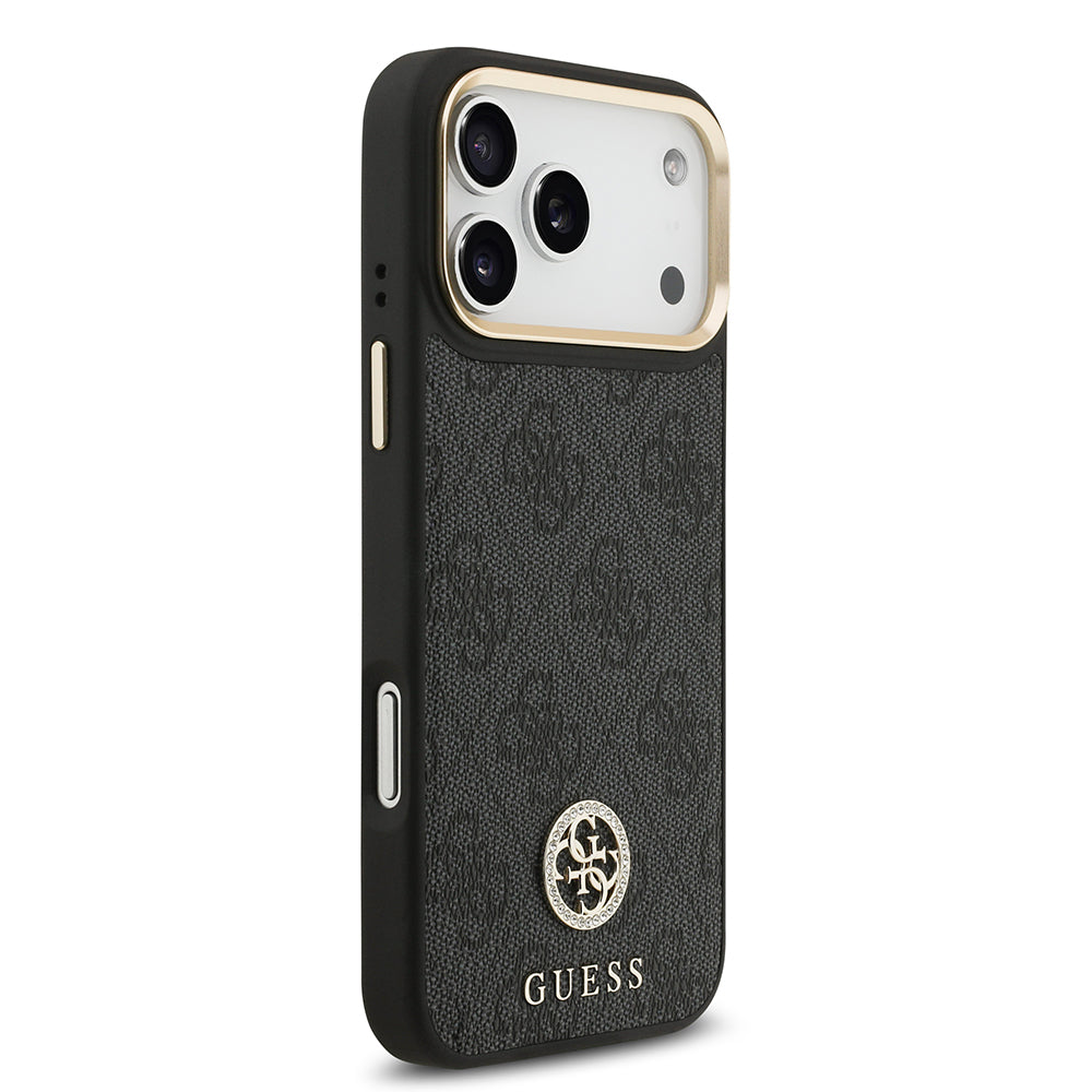 iPhone 17 Pro Max Kılıf Guess Orjinal Lisanslı M-safe Şarj Özellikli Gold Metal Kamera Çerçeveli Taşlı 4G Logolu Kapak