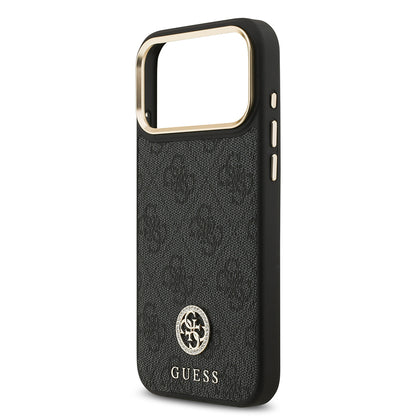 iPhone 17 Pro Max Kılıf Guess Orjinal Lisanslı M-safe Şarj Özellikli Gold Metal Kamera Çerçeveli Taşlı 4G Logolu Kapak