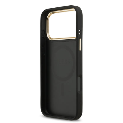 iPhone 17 Pro Max Kılıf Guess Orjinal Lisanslı M-safe Şarj Özellikli Gold Metal Kamera Çerçeveli Taşlı 4G Logolu Kapak