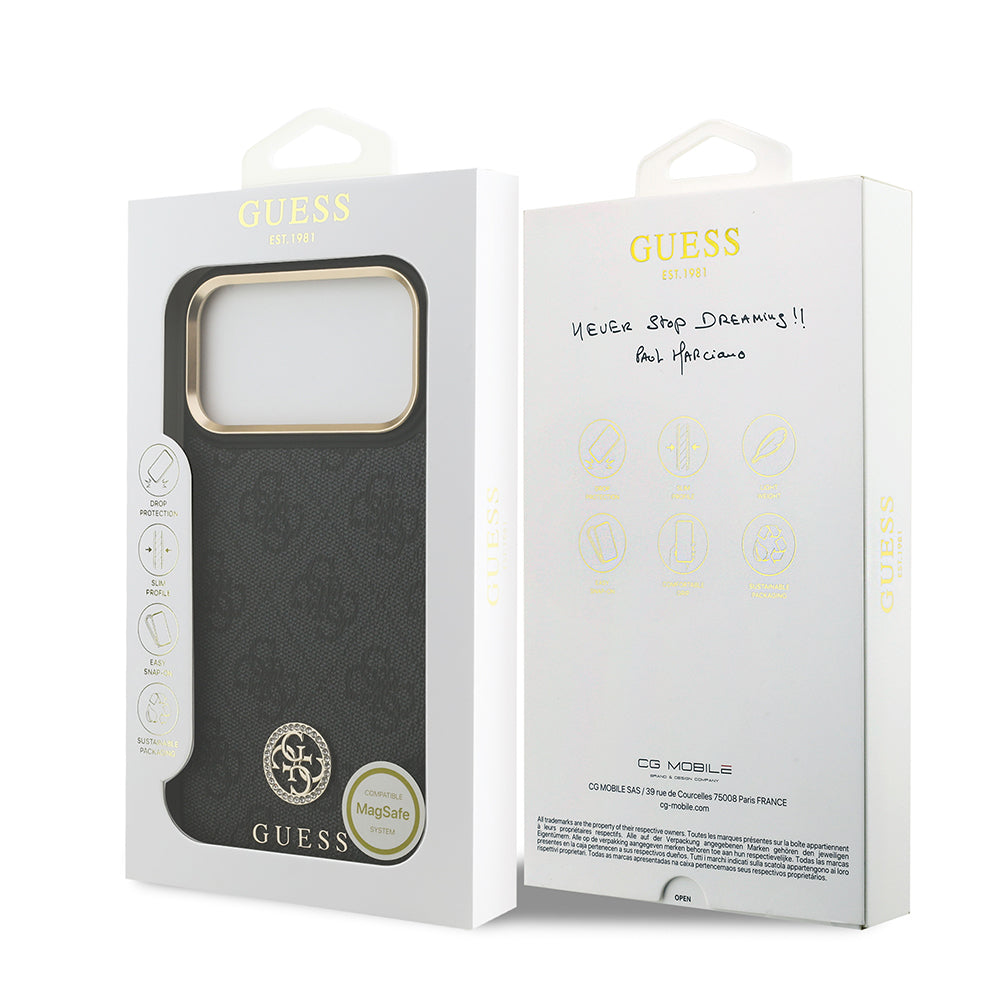 iPhone 17 Pro Max Kılıf Guess Orjinal Lisanslı M-safe Şarj Özellikli Gold Metal Kamera Çerçeveli Taşlı 4G Logolu Kapak