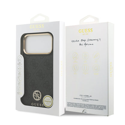 iPhone 17 Pro Max Kılıf Guess Orjinal Lisanslı M-safe Şarj Özellikli Gold Metal Kamera Çerçeveli Taşlı 4G Logolu Kapak