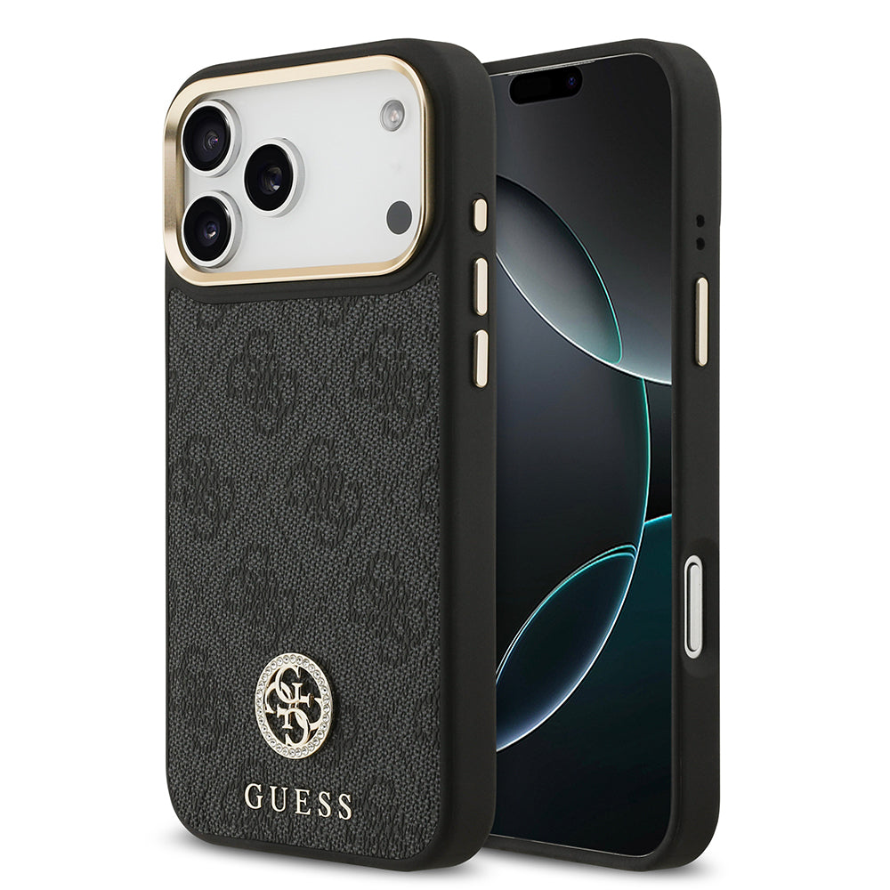iPhone 17 Pro Max Kılıf Guess Orjinal Lisanslı M-safe Şarj Özellikli Gold Metal Kamera Çerçeveli Taşlı 4G Logolu Kapak