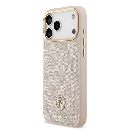 iPhone 17 Pro Max Kılıf Guess Orjinal Lisanslı M-safe Şarj Özellikli Gold Metal Kamera Çerçeveli Taşlı 4G Logolu Kapak