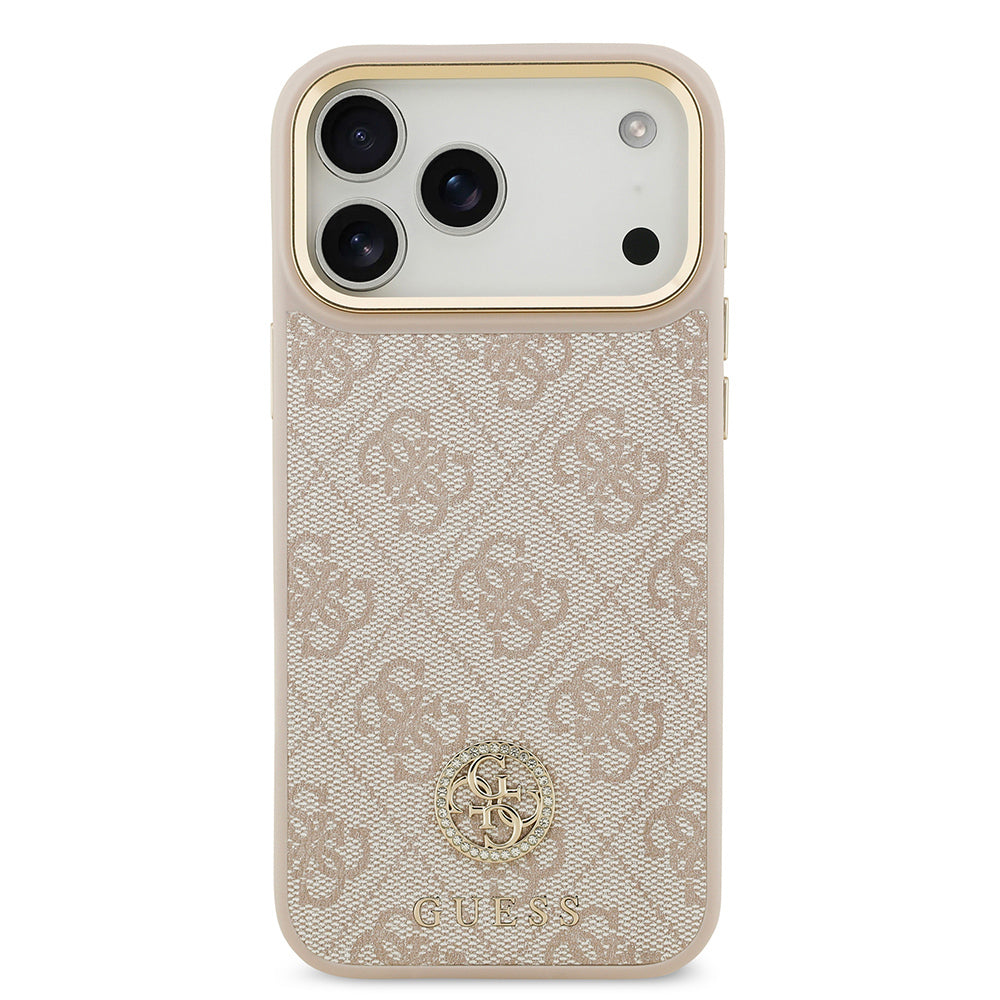 iPhone 17 Pro Max Kılıf Guess Orjinal Lisanslı M-safe Şarj Özellikli Gold Metal Kamera Çerçeveli Taşlı 4G Logolu Kapak