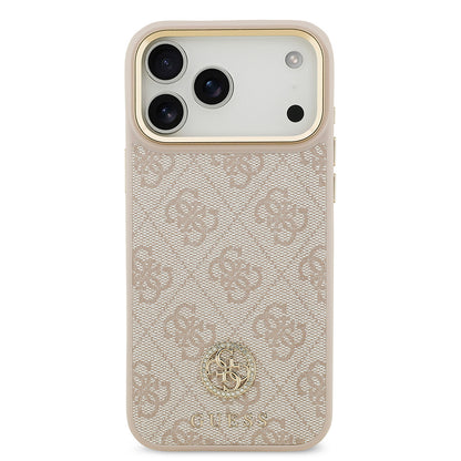 iPhone 17 Pro Max Kılıf Guess Orjinal Lisanslı M-safe Şarj Özellikli Gold Metal Kamera Çerçeveli Taşlı 4G Logolu Kapak