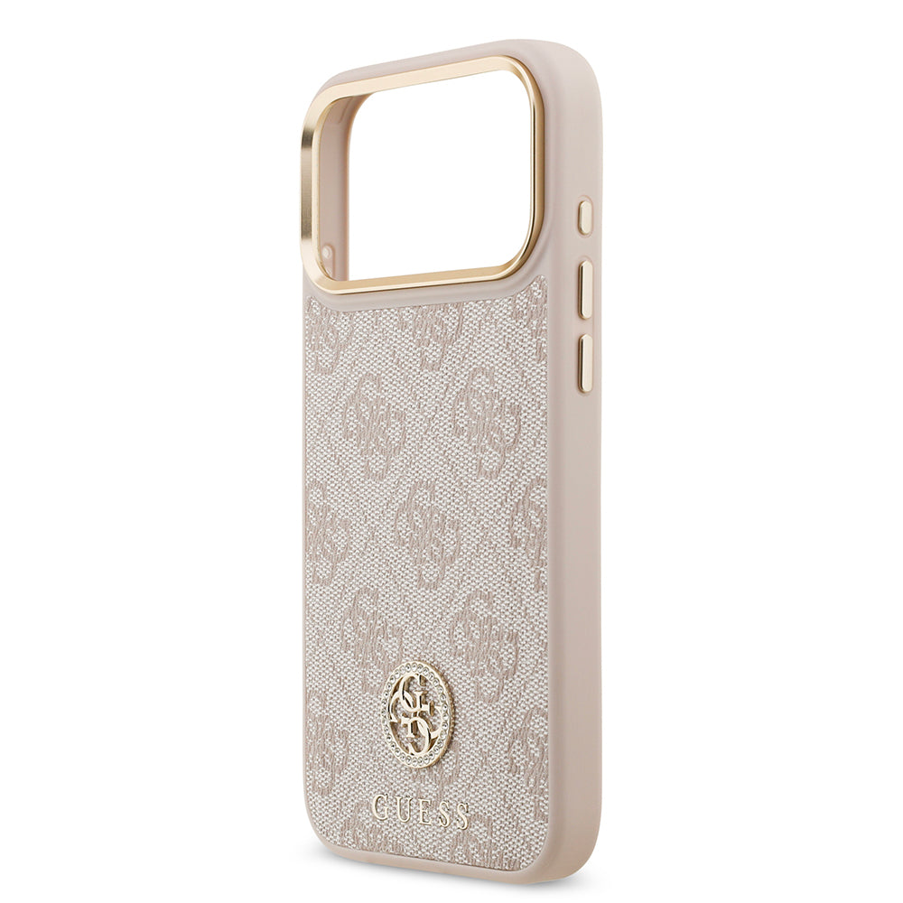 iPhone 17 Pro Max Kılıf Guess Orjinal Lisanslı M-safe Şarj Özellikli Gold Metal Kamera Çerçeveli Taşlı 4G Logolu Kapak