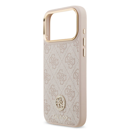 iPhone 17 Pro Max Kılıf Guess Orjinal Lisanslı M-safe Şarj Özellikli Gold Metal Kamera Çerçeveli Taşlı 4G Logolu Kapak