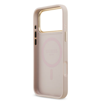 iPhone 17 Pro Max Kılıf Guess Orjinal Lisanslı M-safe Şarj Özellikli Gold Metal Kamera Çerçeveli Taşlı 4G Logolu Kapak