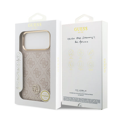 iPhone 17 Pro Max Kılıf Guess Orjinal Lisanslı M-safe Şarj Özellikli Gold Metal Kamera Çerçeveli Taşlı 4G Logolu Kapak