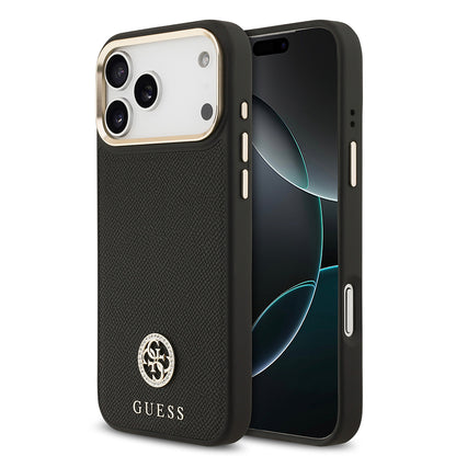 iPhone 17 Pro Max Kılıf Guess Orjinal Lisanslı M-safe Şarj Özellikli Grained Yazı ve Taşlı 4G Logolu Kapak