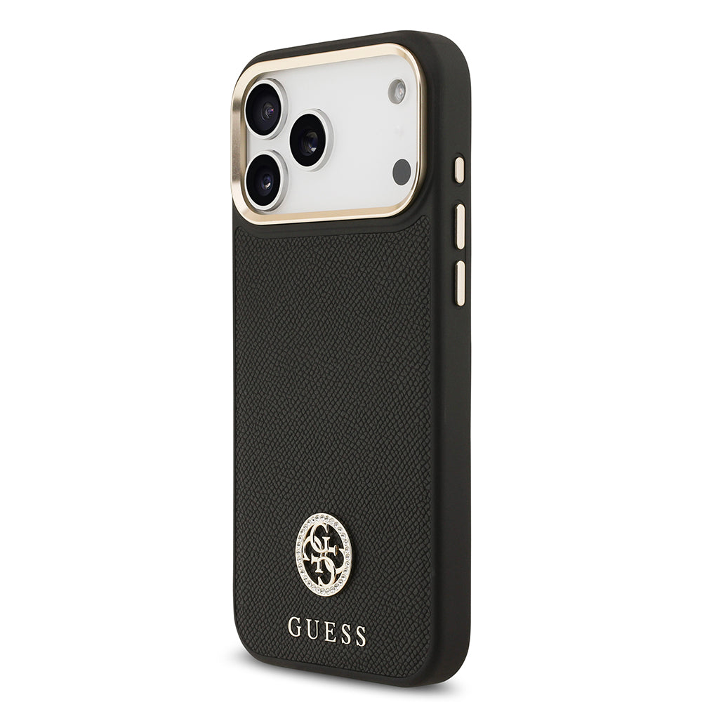 iPhone 17 Pro Max Kılıf Guess Orjinal Lisanslı M-safe Şarj Özellikli Grained Yazı ve Taşlı 4G Logolu Kapak