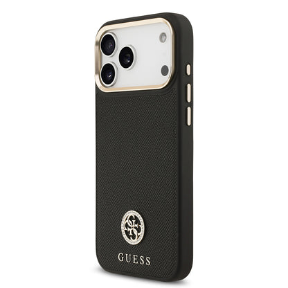 iPhone 17 Pro Max Kılıf Guess Orjinal Lisanslı M-safe Şarj Özellikli Grained Yazı ve Taşlı 4G Logolu Kapak