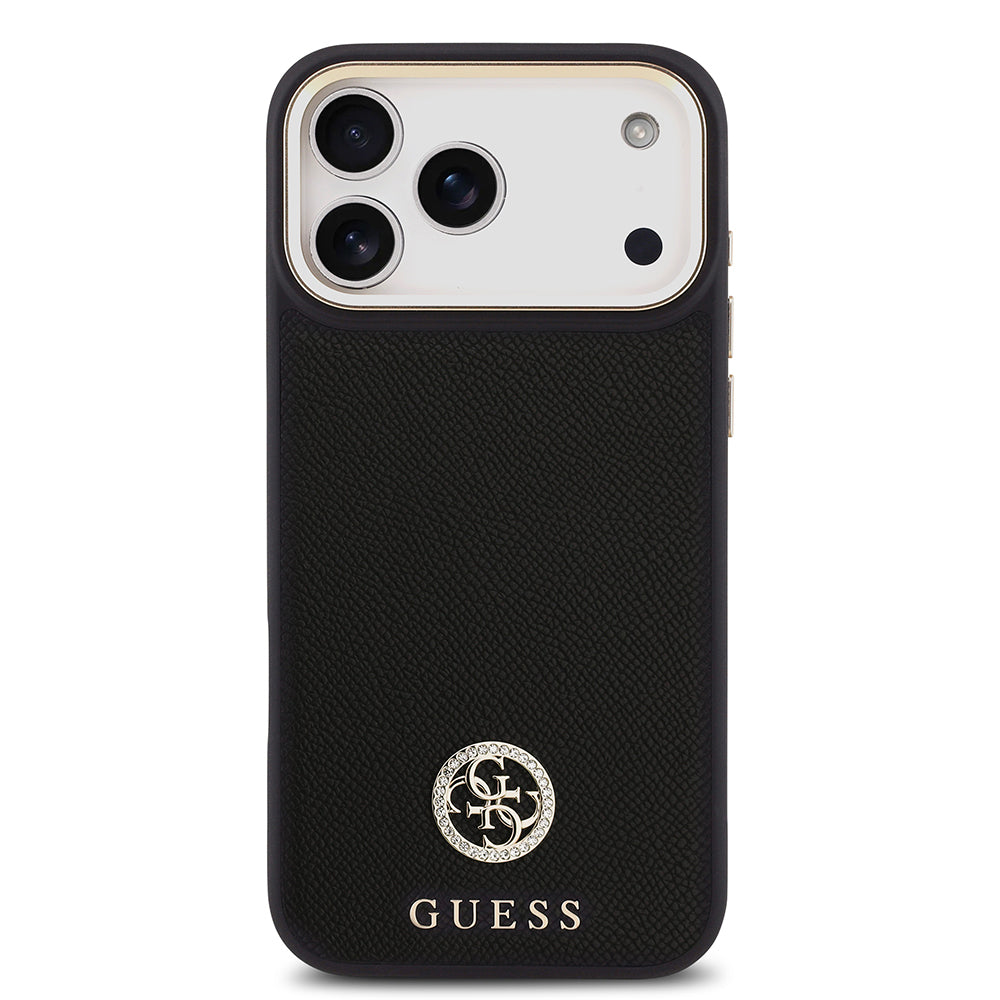 iPhone 17 Pro Max Kılıf Guess Orjinal Lisanslı M-safe Şarj Özellikli Grained Yazı ve Taşlı 4G Logolu Kapak